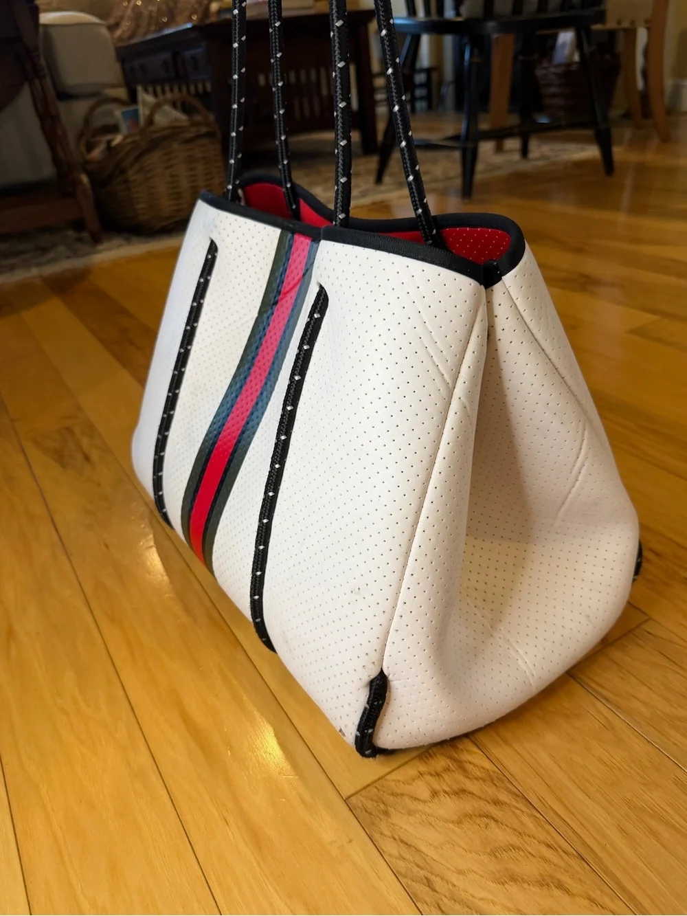 HAUTE SHORE White Neoprene Tote with Red and Green Center Stripe